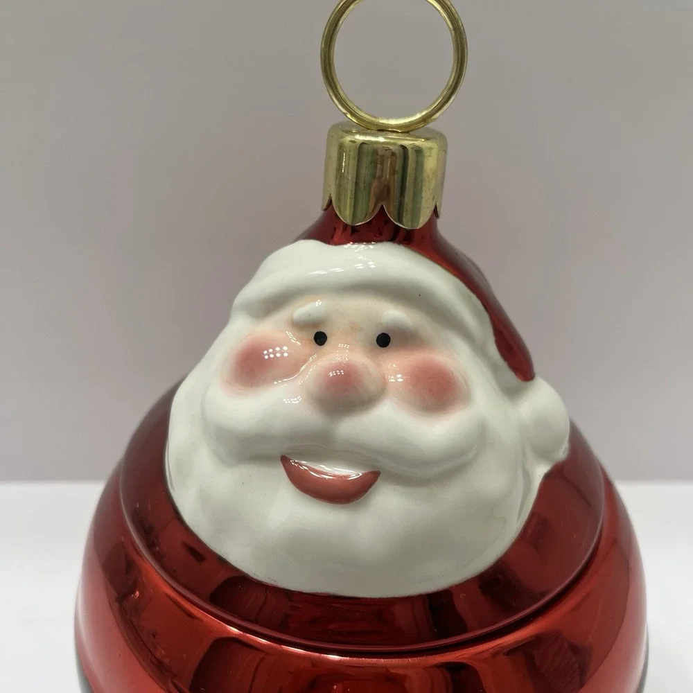 Christmas Santa Cookie Jar Ornament Shaped With Lid Round Red 8.5